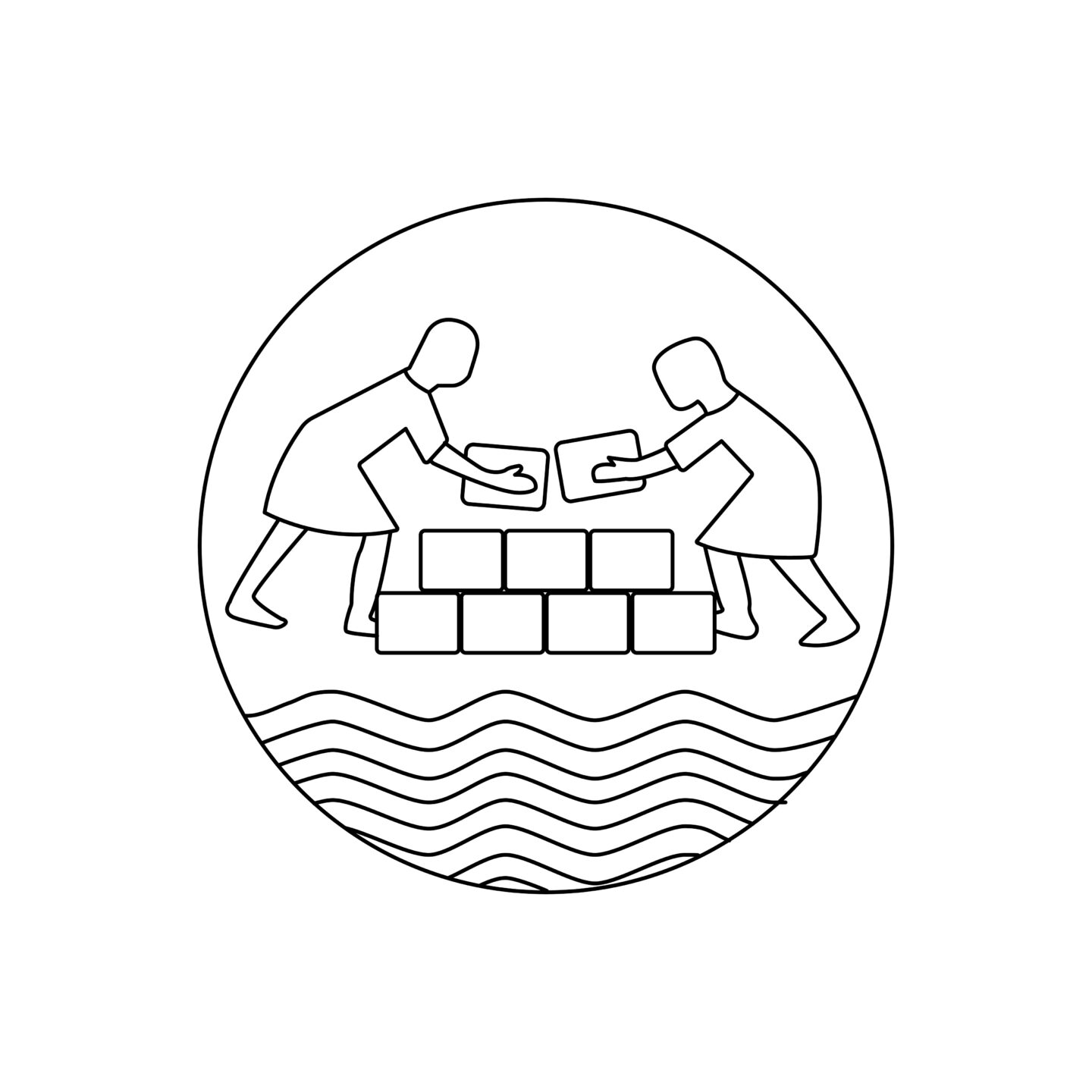 The original Gilgal logo - a line drawing of two women building a wall on the shores of a river.
