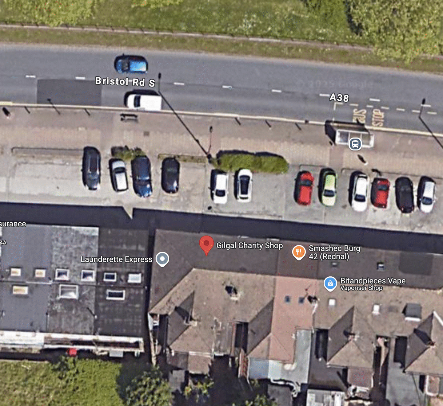Aerial view of Gilgal Charity Shop and carpark on Bristol Road South.