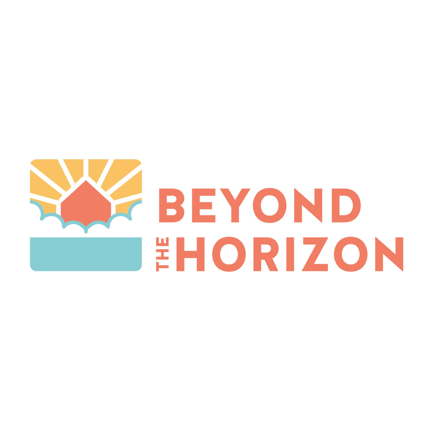 Logo featuring a stylized sun rising above a house, with waves below, and the text "BEYOND THE HORIZON" in coral-colored font.